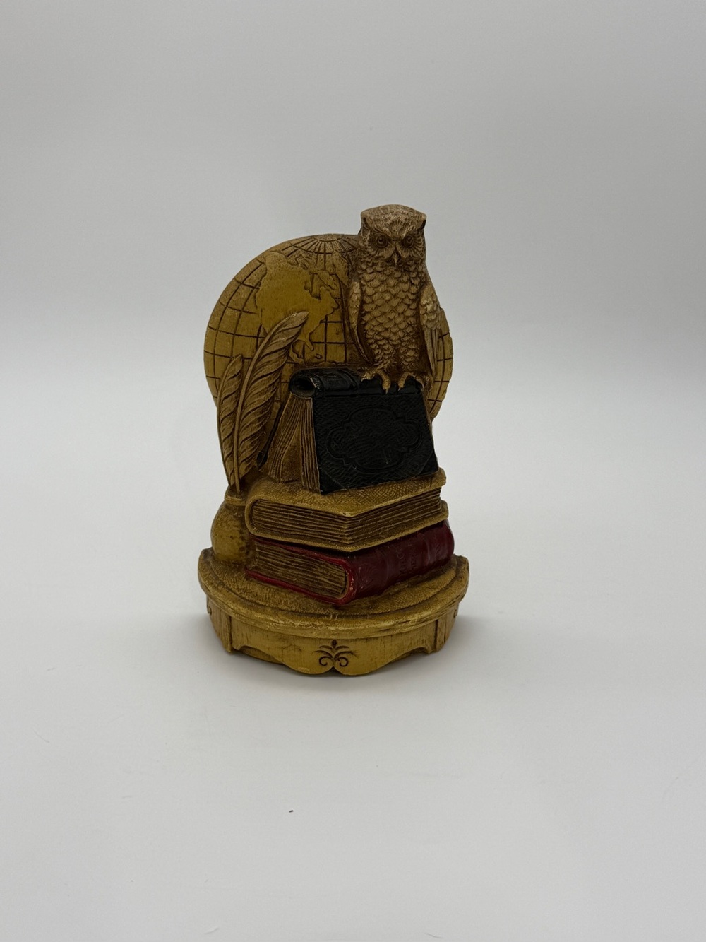 Vtg. Syroco Wood Wise Owl Bookend With Globe Feathers & Stacked Books Old World